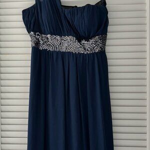 JS Boutique One-Shoulder Blue Silk Chiffon Beaded Gown - Size 10